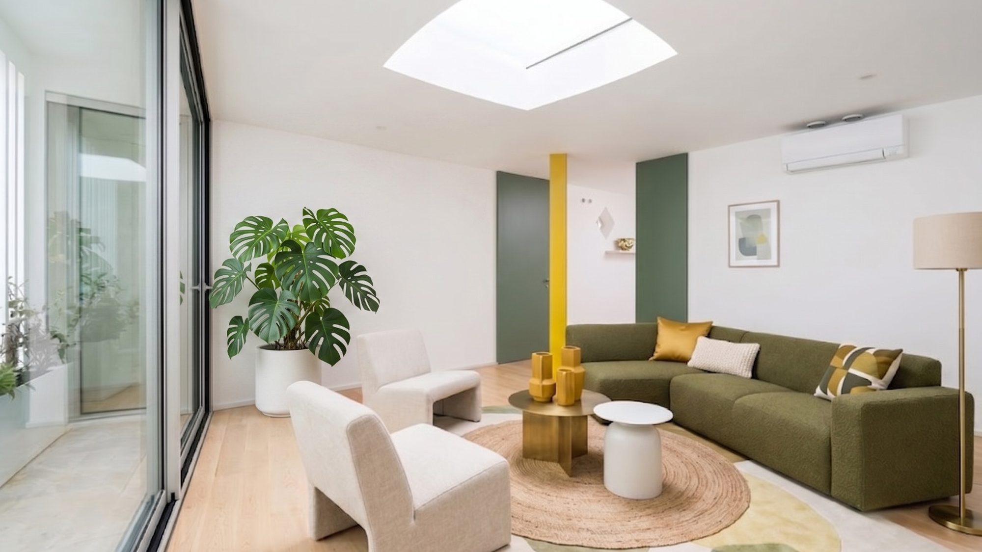 Sala de estar remodelada, com luz natural e acabamentos em madeira